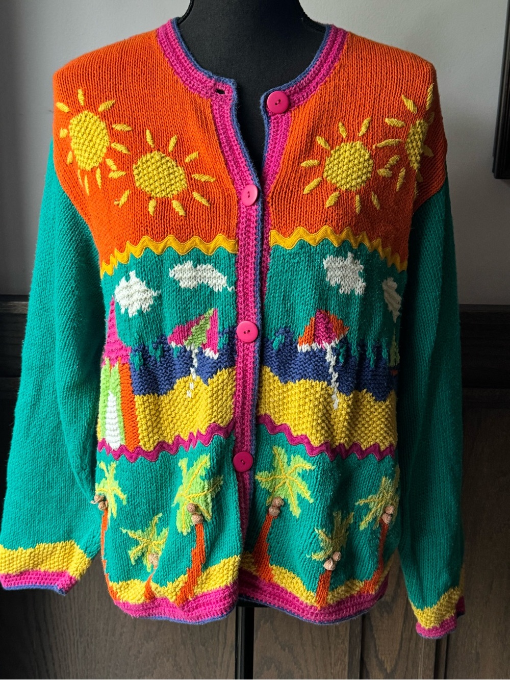 Vintage Vibrant Multicolor Beach Motif Knit Cardigan - Teal & Orange